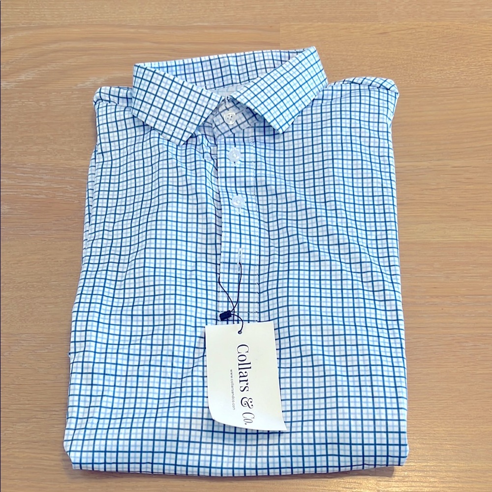 NEW Collars & co Blue Checkered Men's polo Shirt size Large